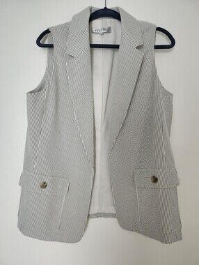 Kasper Pinstriped Sleeveless Blazer Vest in White and Black 85% Cotton New